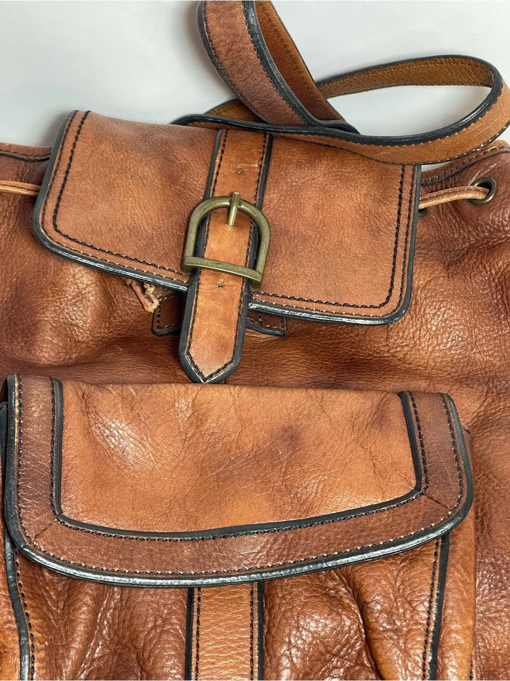 Vintage FOSSIL Cognac Brown Leather Drawstring Bucket Backpack Rucksack Bag